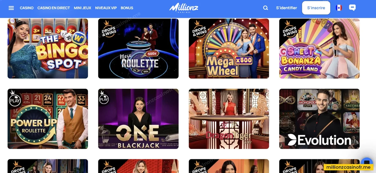 Capture de la rubrique des jeux de casino en direct Millionz
