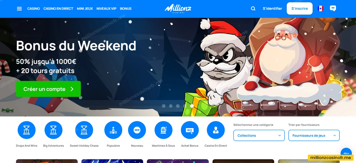 Capture de la sélection de jeux et du lobby Millionz fournie dans le modèle