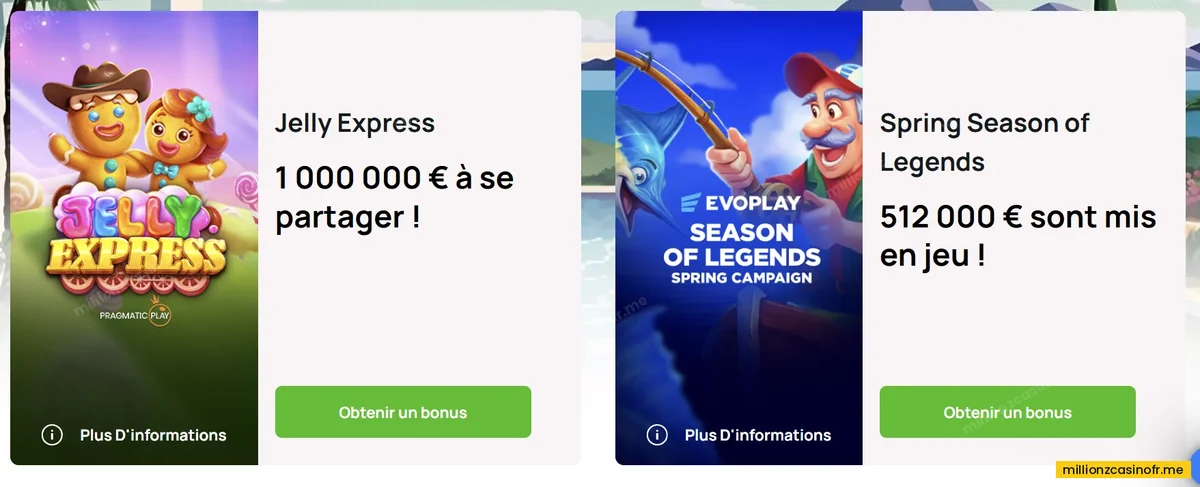 Page des promotions Millionz, telle qu’elle figure dans les visuels fournis