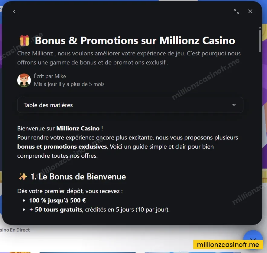 Fenêtre de discussion du service client Millionz